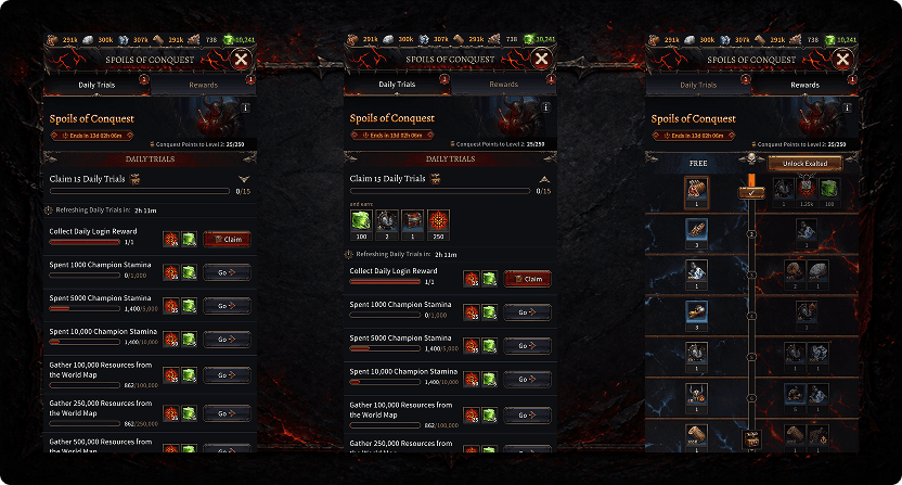 Battle pass — three screens of Spoils of Conquest in Warhammer: Chaos & Conquest